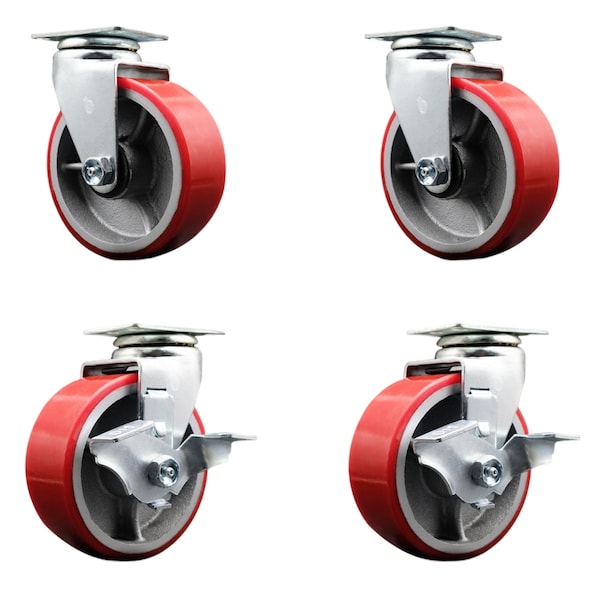 5 Inch Red Poly on Cast Iron Swivel Caster Set with Ball Bearings 2 Brakes